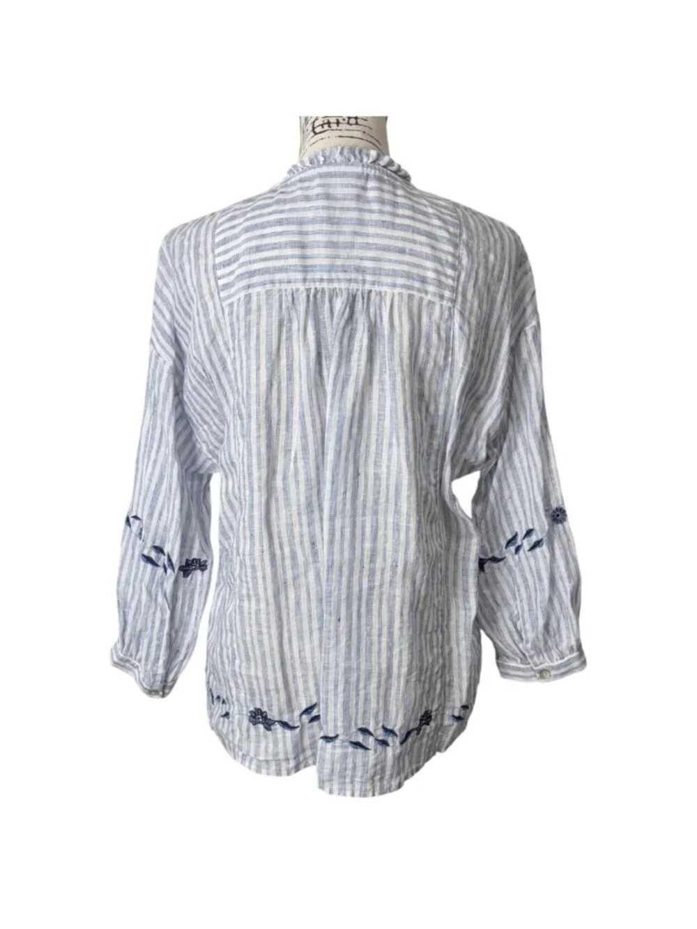 J. Jill Love Linen Womens Size S Linen Top Embroidered Tunic Blue White Stripe - Picture 3 of 8